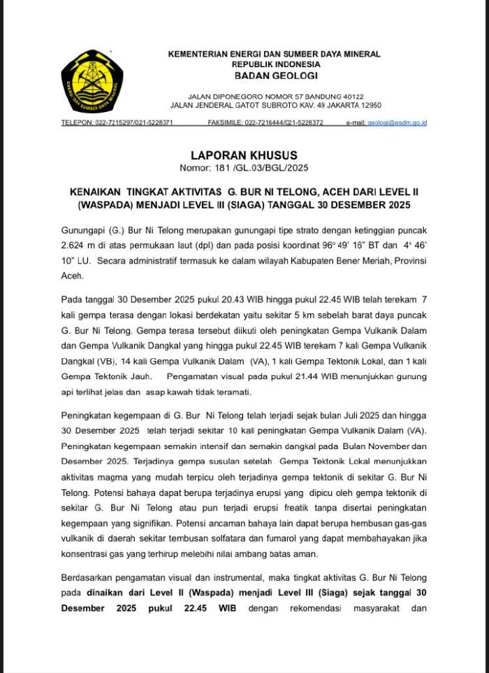 Gunung Burni Telong Naik Status Siaga, Warga Diminta Waspada